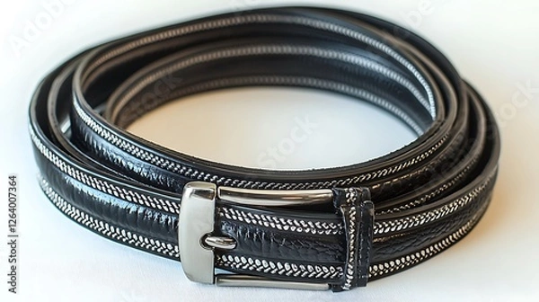 Obraz Black Leather Belt Rolled Up on White Background