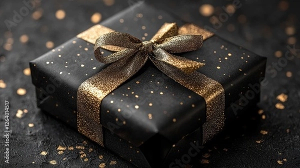 Fototapeta Elegant black gift box adorned with golden ribbon and sparkles on a dark textured background
