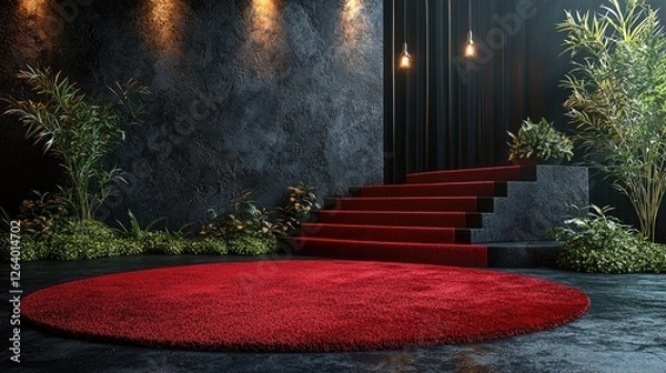Fototapeta Elegant red carpet setting with stairs and lush greenery, perfect for events or photo shoots