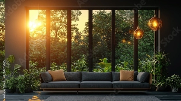 Fototapeta Modern living room with a cozy sofa, large windows showcasing a vibrant sunset and lush greenery