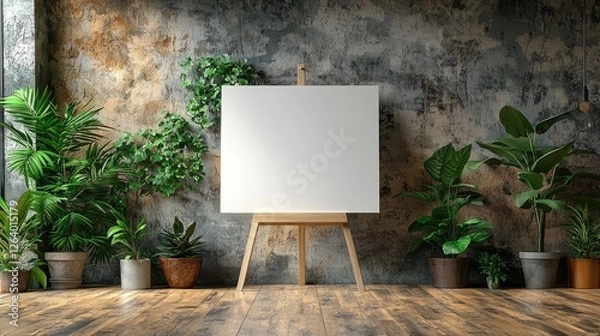 Fototapeta A blank canvas on an easel surrounded by lush greenery in a rustic interior setting