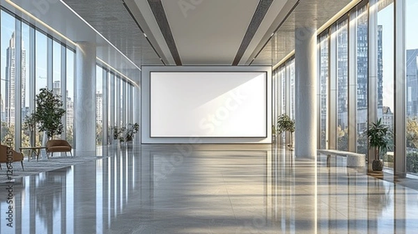 Fototapeta Modern spacious interior of a corporate office with large windows and a blank display screen