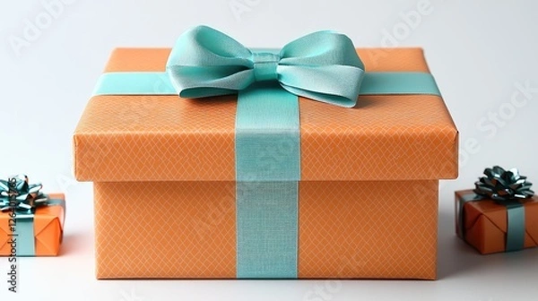 Fototapeta Brightly colored orange gift box with aqua ribbon, surrounded by smaller wrapped presents on a clean surface