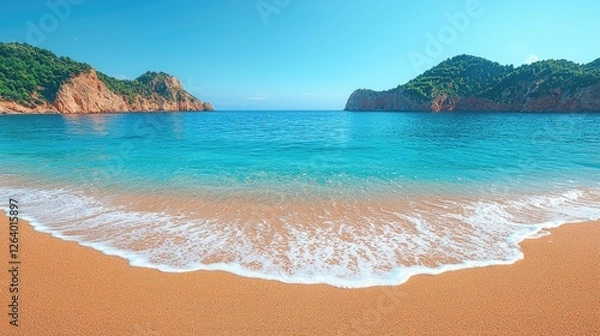Fototapeta Serene beach scene with turquoise water, golden sand, and lush green hills under a clear sky