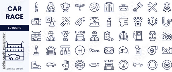 Obraz A collection of line icons representing various elements of car racing, including trophies, cars, and track elements.