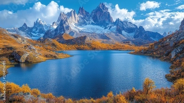 Fototapeta Majestic mountain landscape with vibrant autumn foliage reflecting in a serene lake under a blue sky
