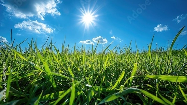 Fototapeta Lush green grass under a bright sun with a clear blue sky and fluffy clouds, evoking tranquility