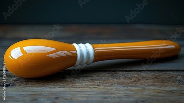 Fototapeta Glossy orange and white object resting on a wooden surface with a dark background