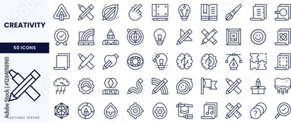 Obraz A collection of creativity-themed icons featuring pencils, light bulbs, charts, and artistic tools in a clean, modern design.