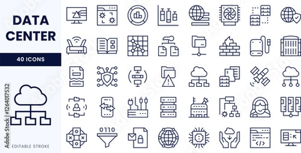 Obraz A collection of editable stroke icons representing data centers, illustrating various tech concepts and functionalities in a clean, modern design.