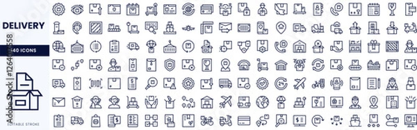 Fototapeta A comprehensive collection of delivery-related icons, featuring various symbols like packages, vehicles, and communication elements.