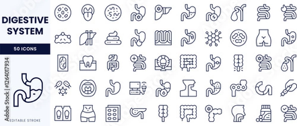 Obraz A collection of line icons representing the digestive system, showcasing various organs and processes in a minimalist design.