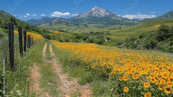 Fototapeta Vibrant sunflower field along a dirt path with mountains in the background on a sunny day