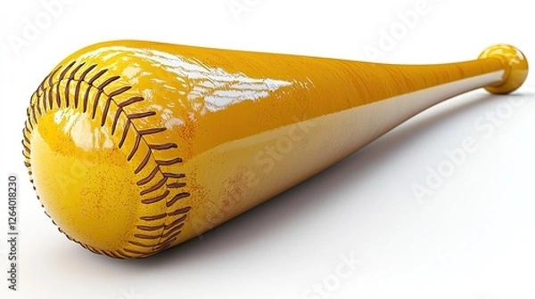 Fototapeta Close-up of a glossy yellow baseball bat with detailed stitching, highlighting its smooth surface and texture