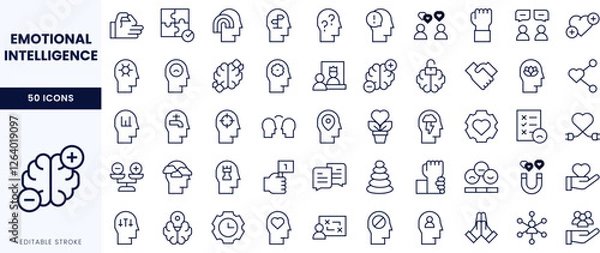 Obraz A collection of icons representing concepts related to emotional intelligence, showcasing various symbols of thought and interaction.