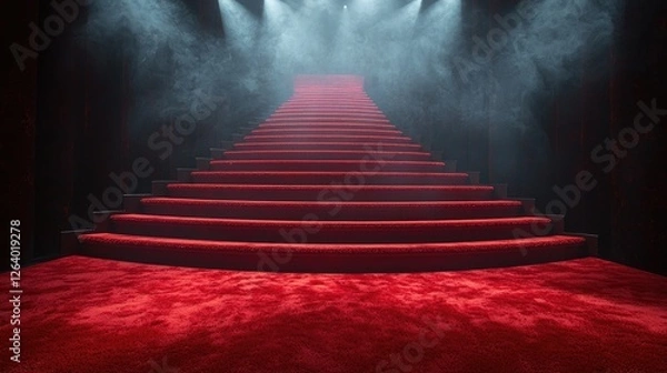 Fototapeta Grand red carpet staircase illuminated by dramatic lighting and fog, creating a cinematic atmosphere