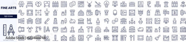 Fototapeta A collection of fine arts icons, showcasing various artistic tools, historical buildings, and symbols in a clean, minimalist design.