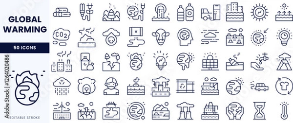 Obraz A collection of editable icons depicting various aspects of global warming, featuring environmental issues and solutions.