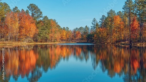 Fototapeta Serene autumn landscape reflecting vibrant foliage on a calm lake under a clear blue sky