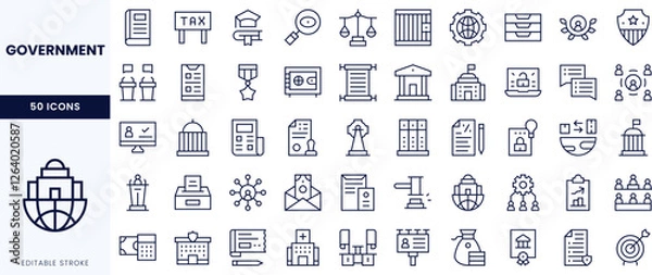 Obraz A collection of editable stroke icons representing various government services and functions.