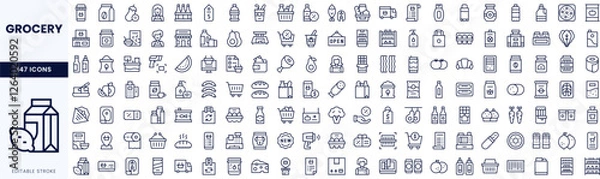 Obraz A collection of grocery-themed icons in a sleek, minimalist line art style, showcasing various food and household items.
