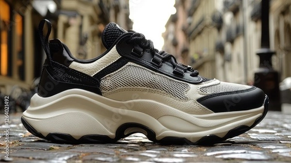 Fototapeta Stylish sneaker showcased on a cobblestone street with a charming urban backdrop