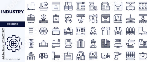 Fototapeta A diverse collection of industrial icons, featuring machinery, tools, and production elements in a sleek, linear design.
