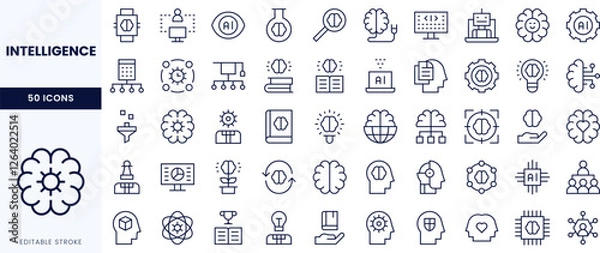 Obraz A collection of icons representing various concepts related to intelligence and innovation, featuring outlines of brains, books, and technology.