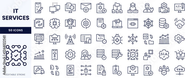 Obraz A collection of editable stroke icons representing various IT services, showcasing technology and digital solutions.