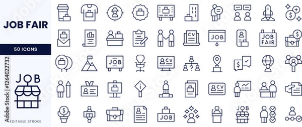 Fototapeta A collection of line icons related to job fairs, featuring concepts like resumes, interviews, and networking.
