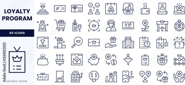 Obraz A collection of minimalist line icons representing a loyalty program, featuring rewards, shopping, and membership themes.