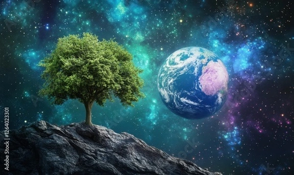 Fototapeta Lone tree on rock, Earth in space, cosmic background; environmental conservation