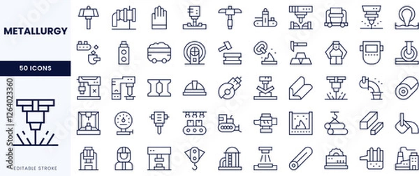 Fototapeta A comprehensive collection of metallurgy icons in a minimalist design, showcasing tools, machinery, and processes.