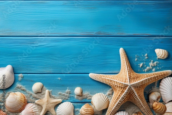 Fototapeta Beach scene concept travel summer backgrounds. Royalty high-quality free best stock of starfish, sea shells, sand on blue wooden background, copy space empty for design banner, poster, backdrop