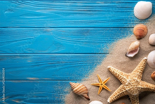 Fototapeta Beach scene concept travel summer backgrounds. Royalty high-quality free best stock of starfish, sea shells, sand on blue wooden background, copy space empty for design banner, poster, backdrop
