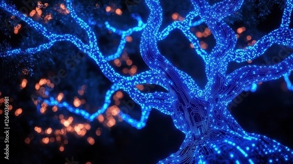 Fototapeta A neon-glowing tree design on a circuit board, with electric patterns illuminating the dark, digital landscape.