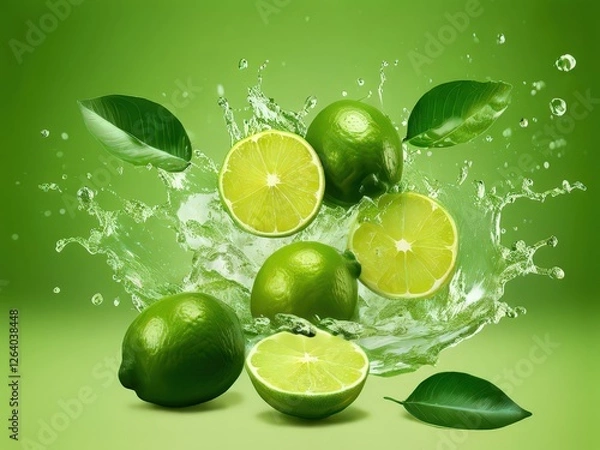 Fototapeta an AI Image Generator, Fresh Lime Fruits Splashing in Water
