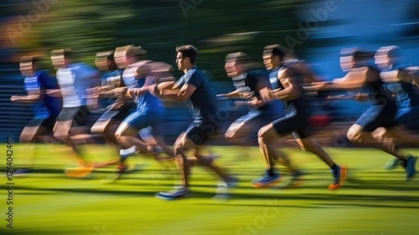 Fototapeta An intense moment captures a coach timing athletes as they sprint across a field with the blurred outlines of training equipment and tered sports gear providing a vibrant backdrop.