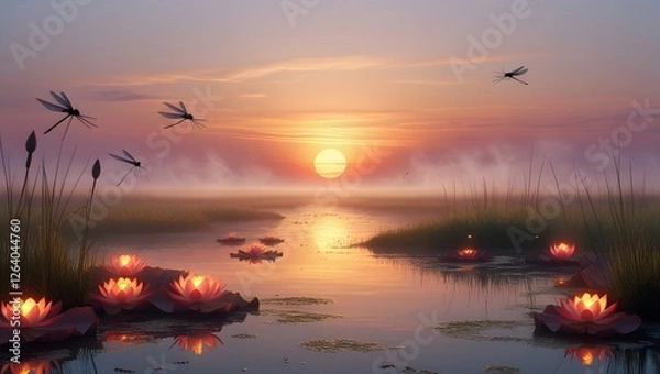 Obraz Sunset over the river ai generated image