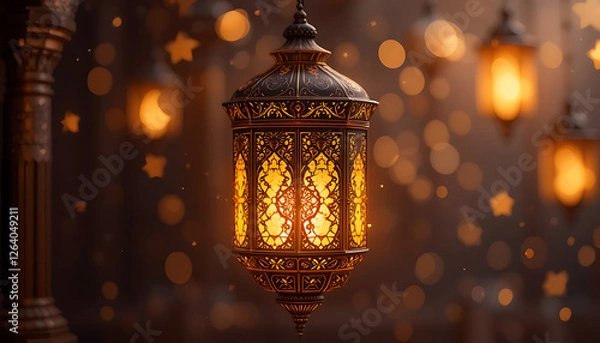 Obraz Traditional Ramadan Lantern with Crescent Moon and Warm Festive Lighting for Islamic Holy Month Celebration