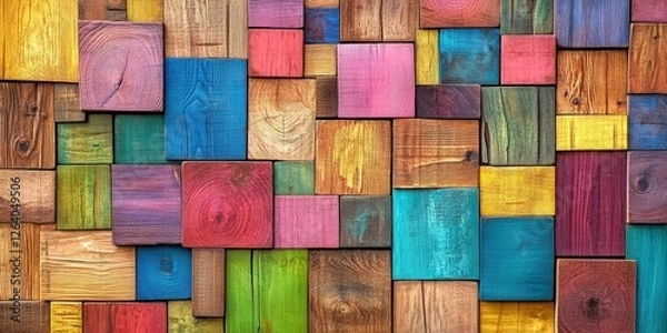 Fototapeta Close-up of a vibrant wooden wall, featuring an array of colored planks in a textured grid. Each piece boasts unique hues and finishes, creating an eye-catching mosaic effect