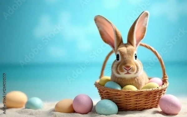 Fototapeta Easter Rabbit and Basket of Colorful Eggs.