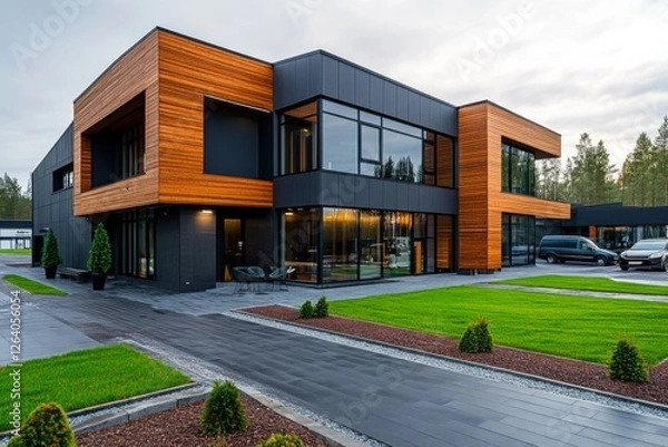 Fototapeta Modern architecture featuring a striking blend of wood and glass in a suburban setting during early evening