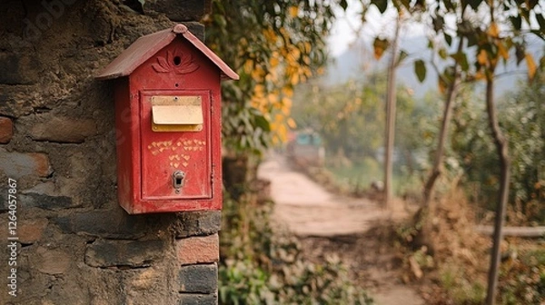 Fototapeta Traditional red colored old Indian mailbox post box