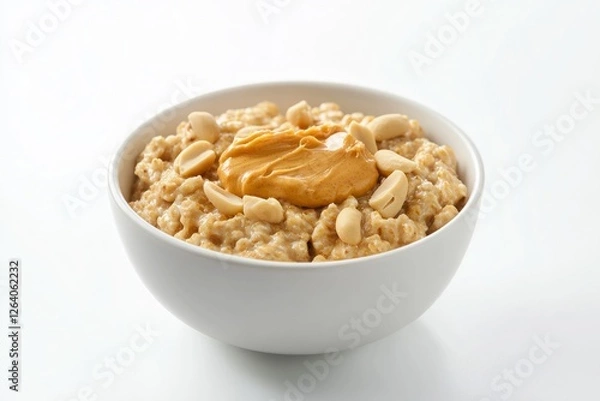 Fototapeta Creamy Oatmeal Bowl with Peanut Butter and Nuts on a White Background
