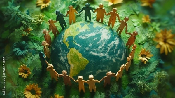 Obraz A circular arrangement of paper figures surrounds a globe, set against a backdrop of lush green leaves, symbolizing unity and environmental awareness.