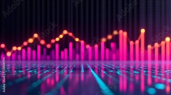 Fototapeta Futuristic and visually striking abstract concept of data analytics performance insights and dynamic financial graphs and SWOT icons layered on a vibrant neon colored and illuminated backdrop