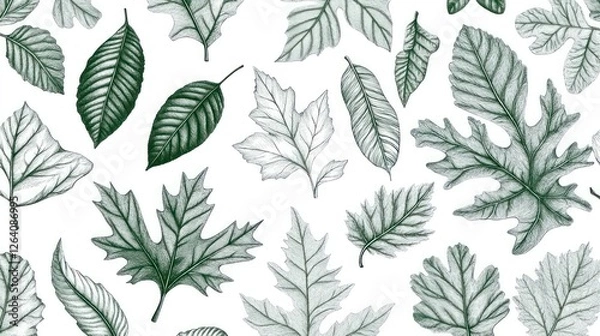 Fototapeta Green leaves pattern, nature design, white background, autumn foliage, textile print
