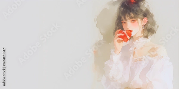 Obraz プレゼントを渡すタイミングを伺う女性。水彩画。イラスト。バナー素材。挿絵。