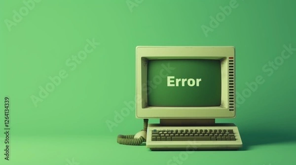 Obraz A retro beige computer sits against a green backdrop, its monochrome screen displaying the word Error, evoking nostalgia for early technology and computing history. AI generated.